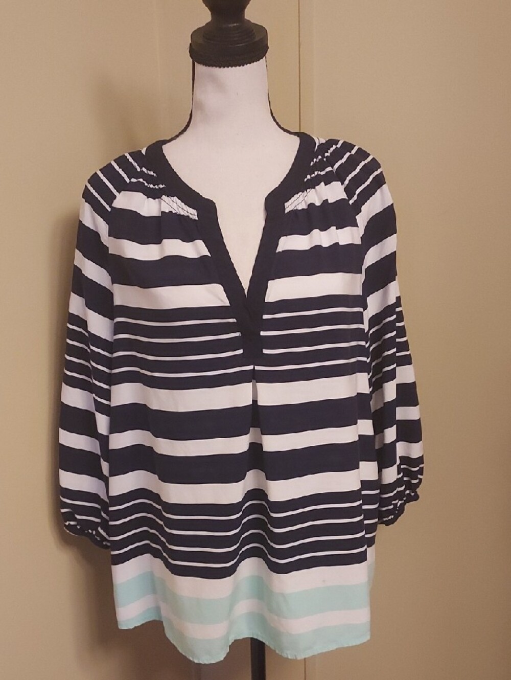 Crown & Ivy Navy, White and Aqua Striped Petite Top